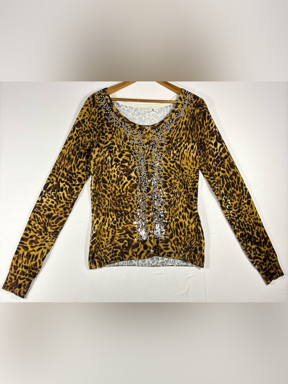 Boston Proper Women’s XS Embellished Leopard Print Sequins Long-Sleeve Top